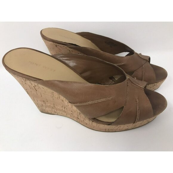 Nine West 'Likemer' Tan Leather Slip-On Wedge Sandal Women Size 10 - Picture 3 of 7